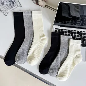 Women Crew Socks Combed Cotton Ribbed Seamless Toe Solid Color Breathable Minimalist All Match Mid Tube Slouch Socks