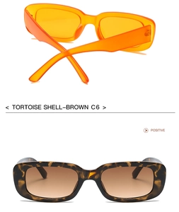 Front view of trendy small rectangle sunglasses in tortoise brown and vibrant orange
