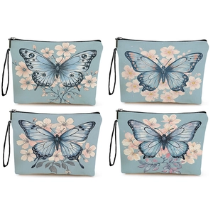Butterfly Flower Print Makeup Bag Linen Zipper Cosmetic Pouch Portable Travel Toiletry Organizer For Women