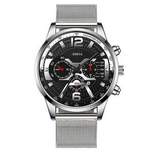 Fashionable men's quartz watch with black dial and silver stainless steel mesh band