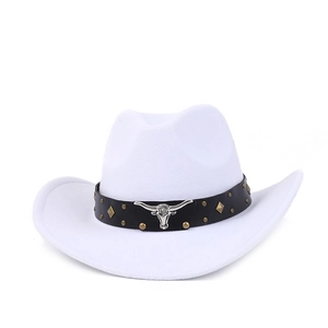 White felt western cowboy hat with leather band and silver longhorn bull skull buckle
