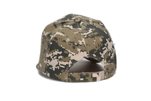 Detail of digital camouflage baseball cap with adjustable hook and loop back closure