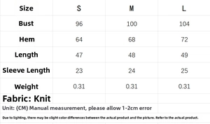 Size chart for crochet polo cardigan showing bust, length, and sleeve measurements in CM