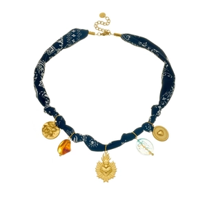 Vintage gold-plated heart pendant necklace with blue paisley fabric and beaded charms