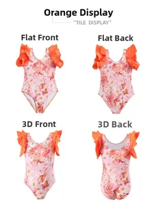 Detail view of girls' one-piece swimsuit in orange floral print with ruffled shoulders