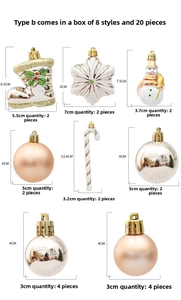 Detailed size chart for 20pcs Christmas ornament set featuring 8 distinct styles