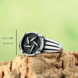 Retro stainless steel pentagram ring for men with 15mm width and vintage silver finish