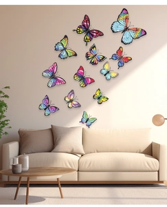 Macro detail of twelve colorful 3D butterfly wall stickers with vibrant rainbow patterns