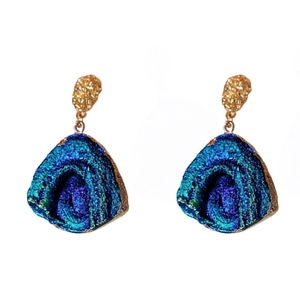 Irregular blue and green stone earrings with gold metal edges and textured studs