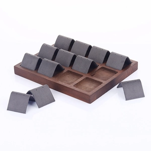 Walnut wood earring display stand with 12 slots and grey flocked jewelry holders