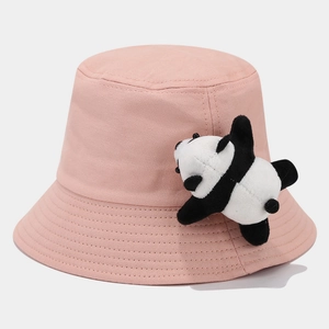Detail of pink children sun hat featuring a cute 3D panda plush and stitched canvas brim