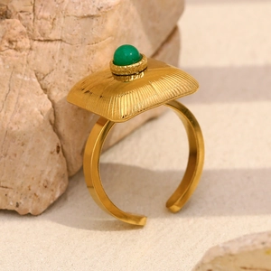 Vintage 18K gold plated stainless steel square ring with green stone on stone base