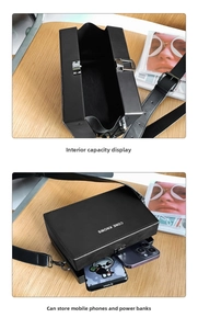 Interior view of black leather box bag showing capacity for phone and power bank
