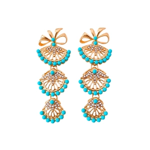 Boucles d'oreilles dorées en forme d'éventail avec perles bleues et diamants style vintage