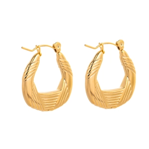 Minimalist gold-plated stainless steel U-shaped hoop earrings with textured engraving