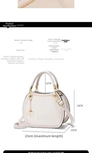 Detail showing high-capacity interior of white handbag with dimensions and accessory layout