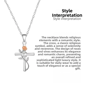 Close-up of S925 sterling silver cross necklace with rose gold flower and zircon