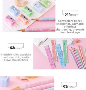 Detail view of cute animal stationery set featuring pencil sharpener, ruler, and pencils