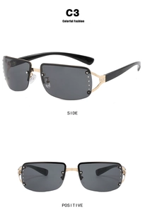 Detail view of Y2K rimless sunglasses with rhinestone accents and gold metal temples