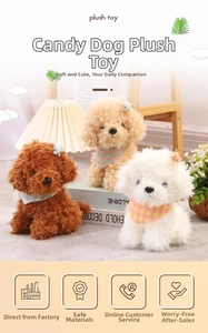 Detailed view of three small plush dogs with plaid scarves and curly fur in a home setting