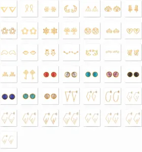 Grid view of various stainless steel stud earrings including floral and geometric designs