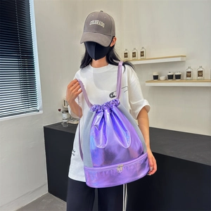 Purple pearlescent drawstring backpack with dry-wet separation and shoe compartment