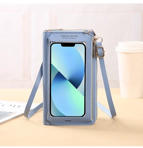 Blue touchscreen crossbody bag with clear window, litchi grain texture and gold hardware