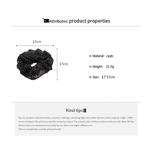 Detailed specs of black polka dot scrunchie made of cloth weighing 21.9g and 17x17cm size