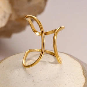 Minimalist 18k gold plated stainless steel open ring with abstract wavy frame design