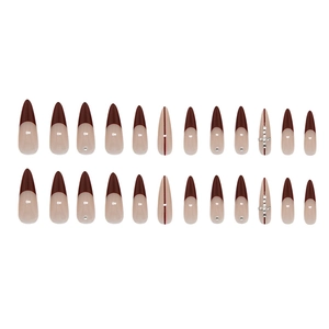 24pcs French stiletto press-on nails in burgundy red and nude with rhinestone accents