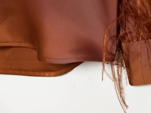 Detail of silk satin blouse showing brown feather trim and soft fabric texture on the cuff