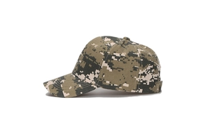 Side view of digital camouflage baseball cap with green and khaki tactical pattern