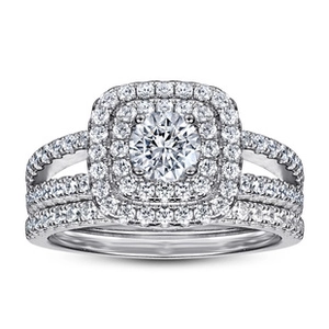 Macro detail of 925 sterling silver ring set with D color moissanite and round cut stones