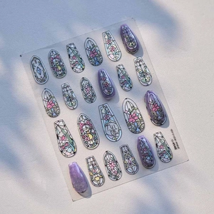 Macro view of Rococo flower window nail stickers with shell luster and floral patterns