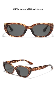Detailed views of tortoise shell rectangle sunglasses with dark gray lenses model C4