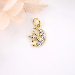 Golden moon and star pendant charm with clear cubic zirconia for DIY jewelry making