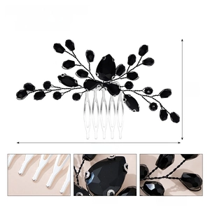 Detail of handmade bridal hair comb with black rhinestones and crystals showing dimensions