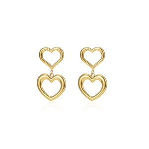 Minimalist double heart-shaped drop earrings with 18K gold-plated stainless steel finish