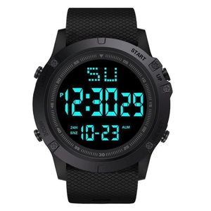 Detail of digital sports watch with blue LED backlight and silicone strap on white background