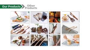 Collage of teak wood kitchen utensils including spatulas, spoons and bowls in various scenes