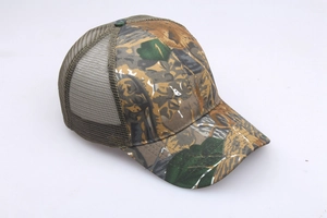 Detail of outdoor sun protection camo hat with breathable mesh back and jungle leaf pattern
