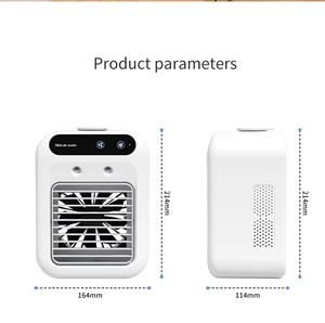 Detailed side and front view showing dimensions 214mm height of mini air cooler