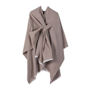 Brown knit poncho wrap for women with knot detail and fringe hem for autumn winter
