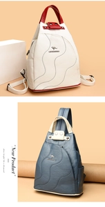 Detail of color-blocked PU leather backpacks with metal kangaroo logo and handles