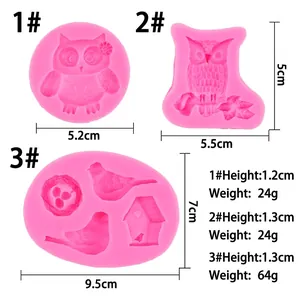 Pink silicone owl and bird nest fondant mold set with precise size measurements