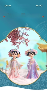 Close-up of two ancient style cartoon figurines with floral headdress and kimono