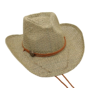 Detail view of woven cowboy hat with brown braided rope and vintage metal buckle decoration