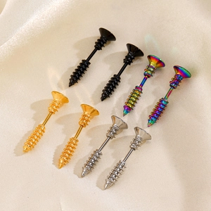 Eight screw-shaped stainless steel earrings in gold, silver, black and rainbow finishes