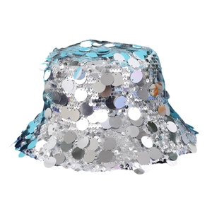 Sparkly silver and blue sequin bucket hat for women showing glossy reflective surface