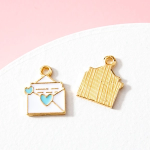 Cartoon heart envelope enamel pendants in white and light blue with gold alloy frames